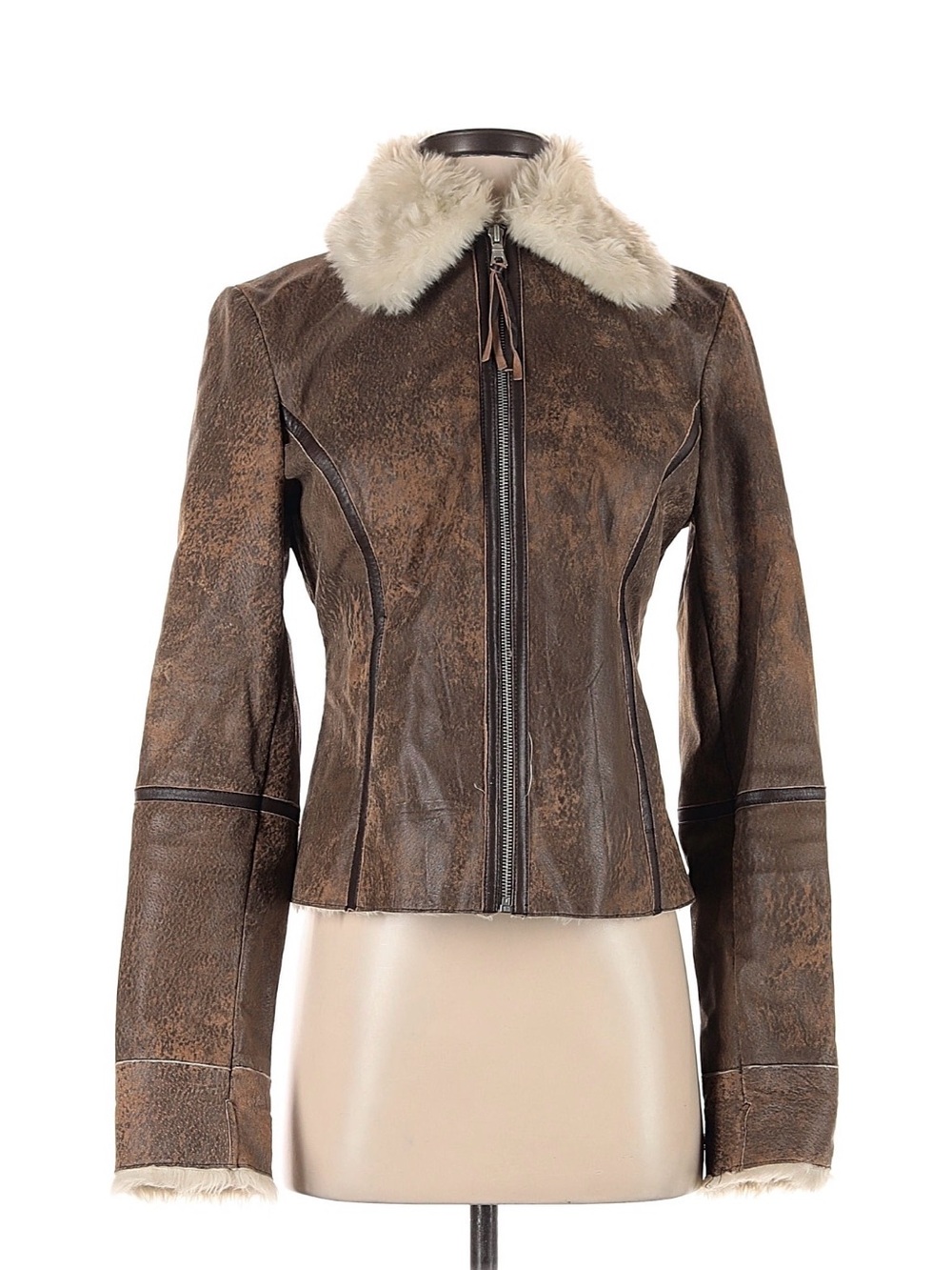 Vintage Express Brown Leather Jacket with Cream Faux-Shearling Collar